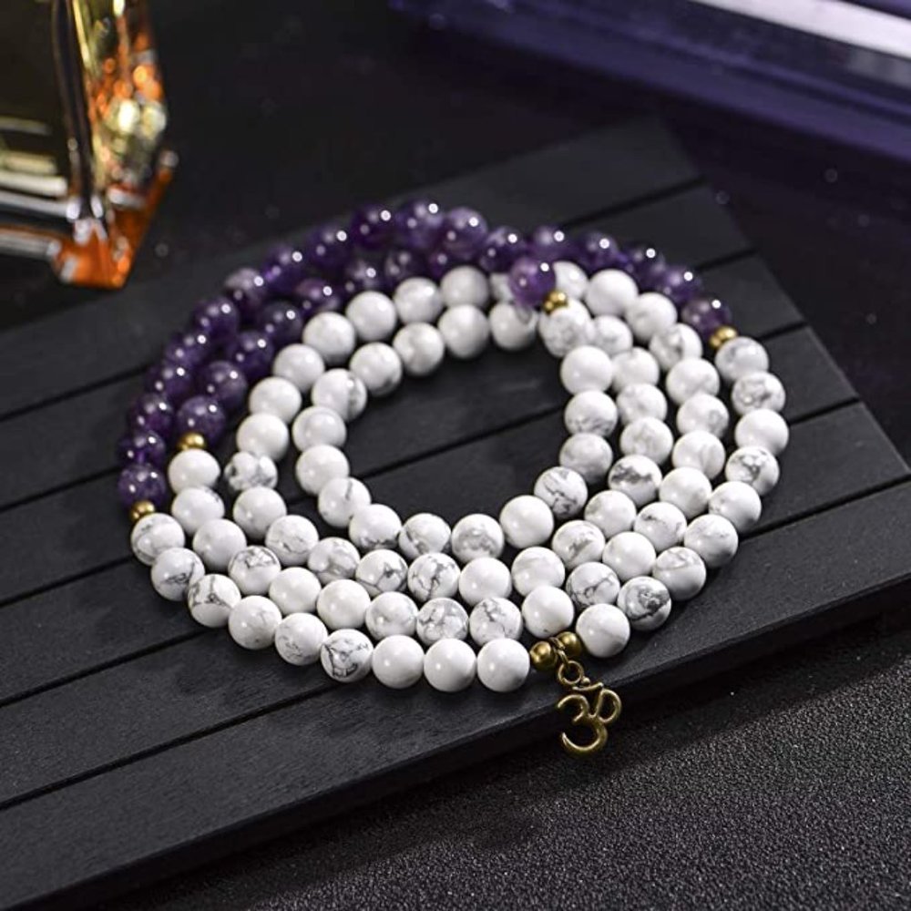Amethyst Howlite 108 Mala Beads Prayer Healing Meditation Yoga Necklace Bracelet